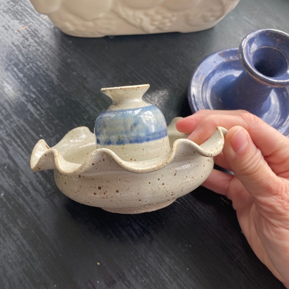 vintage handmade studio pottery candle candlestick holder blue and cream - Picture 1 of 4